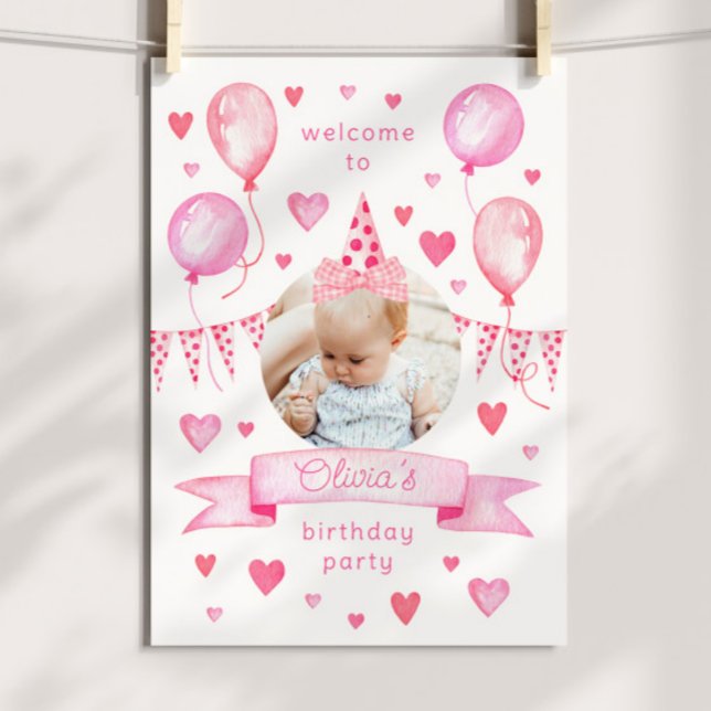 Coquette Bow Pink Photo Hat Birthday Party Welcome Poster (pink coquette birthday party welcome poster with custom photo and movable bow hat)