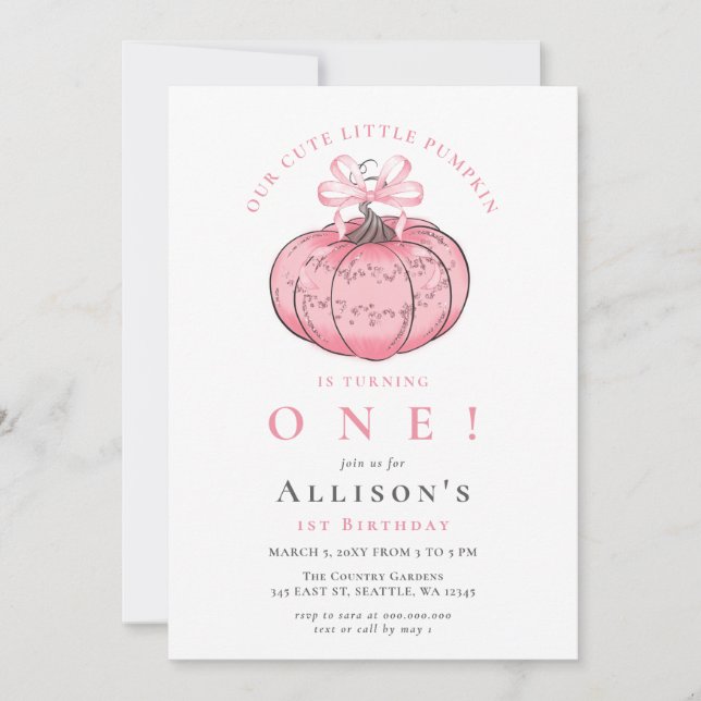 Coquette Bow Pink Pumpkin Girl Fall Birthday  Invitation (Front)