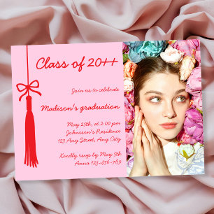 Coquette Bow Pink Red Elegan Photo 2026 Graduation Invitation