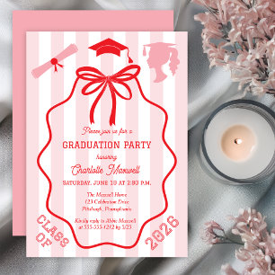 Coquette Bow Pink Stripes Graduation Party Invitation
