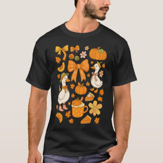 Coquette Bow Pumpkin Goose Autumn Fall Leaves T-Shirt