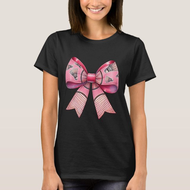 Coquette Bow Ribbon Badminton Shuttle Racket Pink  T-Shirt (Front)