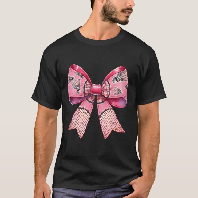 Coquette Bow Ribbon Badminton Shuttle Racket Pink  T-Shirt (Front)