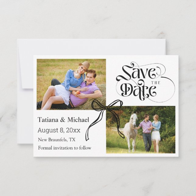Coquette bow ribbon modern calligraphy 2 photos  save the date (Front)