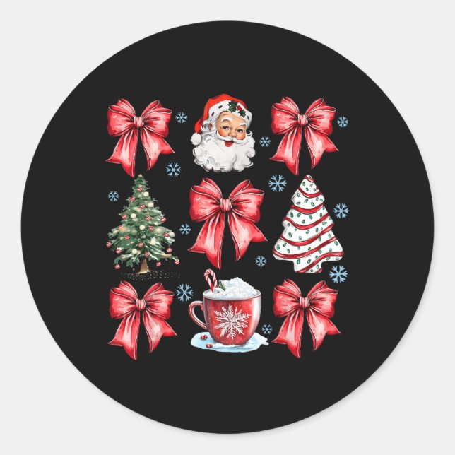 Coquette Bow Santa Christmas Tree Cake Candy Cane  Classic Round Sticker (Front)