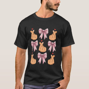 Coquette Bow Saranghae Kpop Finger Heart Pink Ribb T-Shirt
