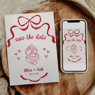 Coquette Bow Save the Date Card Red Ribbon