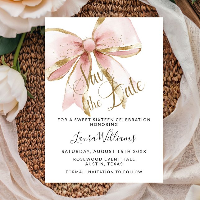Coquette Bow Save The Date Sweet Sixteen Invitation (Elegant Pink and Gold Sweet Sixteen Save the Date Invitation)