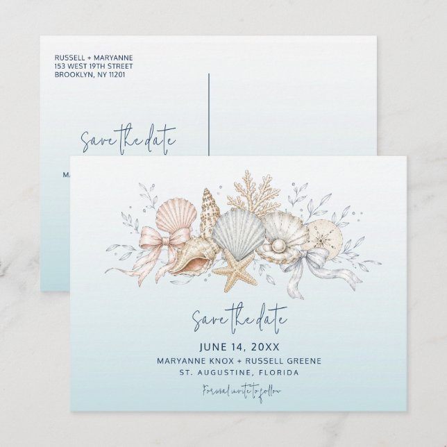 Coquette Bow & Seashell Beach Wedding Save the Dat Announcement Postcard (Front/Back)