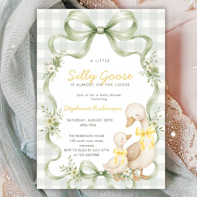 Coquette Bow Silly Goose Sage Gingham Baby Shower Invitation (Creator Uploaded)