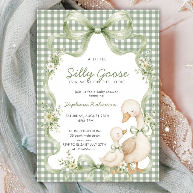 Coquette Bow Silly Goose Sage Gingham Baby Shower Invitation (Creator Uploaded)
