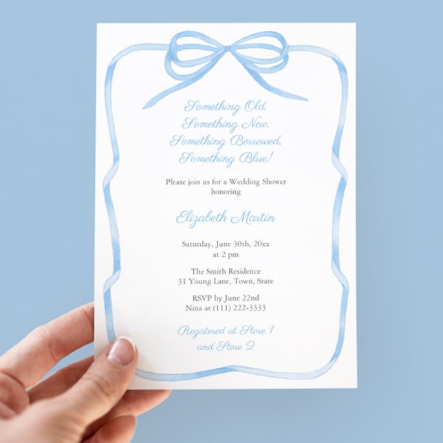 Coquette Bow Something Blue Bridal Shower Invitation (Something Blue Theme Bridal Shower Party Invitation With Coquette Light Blue Bow and Ribbon Frame)