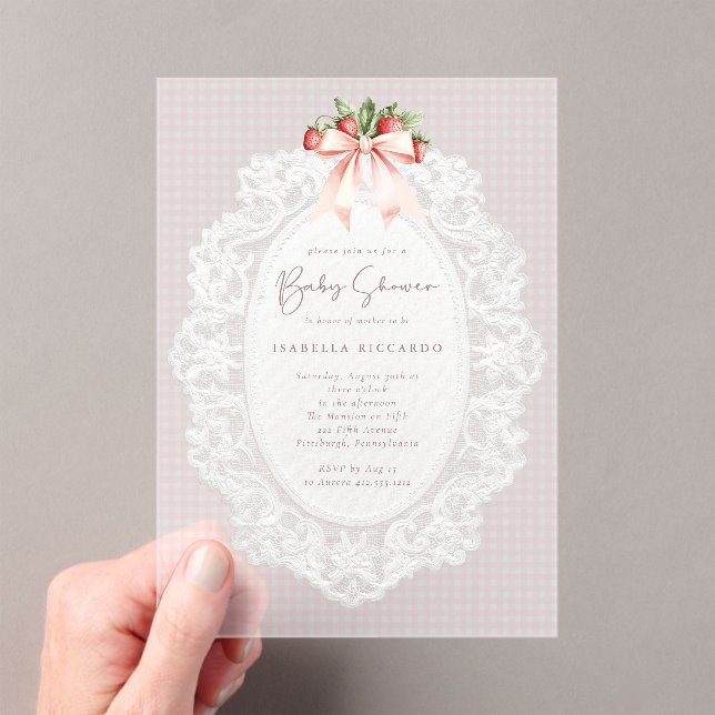 Coquette Bow Stawberries Lace Baby Shower  Acrylic Invitations (Insitu (Handheld))