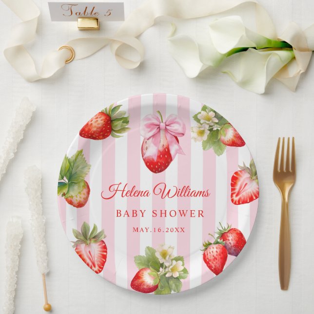 Coquette Bow Strawberries Baby Shower Paper Plate (Wedding)