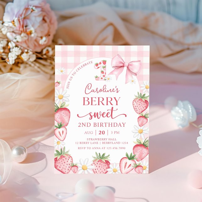 Coquette Bow Strawberry 2nd Birthday Invitation (Creator Uploaded)