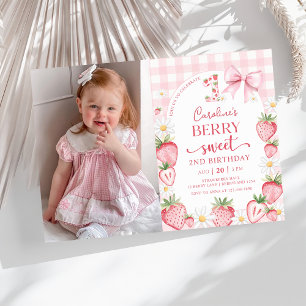 Coquette Bow Strawberry 2nd Birthday Photo Invitation