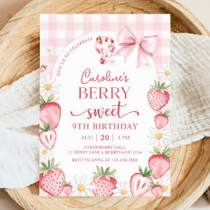 Coquette Bow Strawberry 9th Birthday Invitation