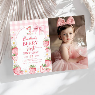 Coquette Bow Strawberry Berry First Birthday Photo Invitation