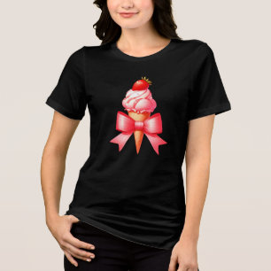 Coquette Bow Strawberry Ice Cream Cone Pink Ribbon Tri-Blend Shirt