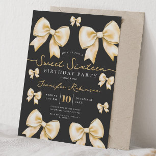 Coquette Bow Sweet 16 Birthday Gold Black  Invitation