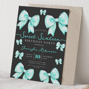 Coquette Bow Sweet 16 Birthday Turquoise Black Invitation