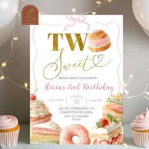 Coquette Bow Sweets Cake 2nd Birthday Invitation