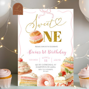 Coquette Bow Sweets Cake First Birthday Invitation