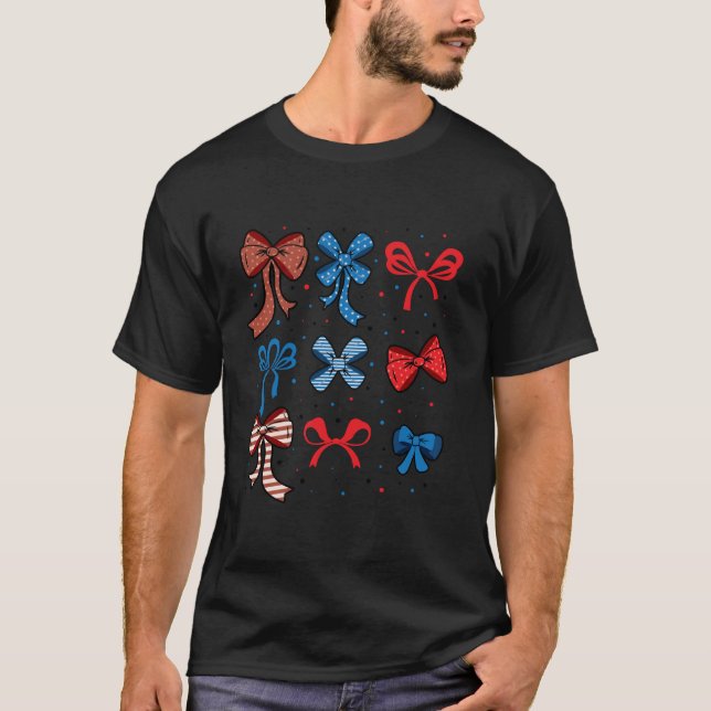 Coquette Bow US Flag July 4th Red White Blue Ameri T-Shirt (Front)