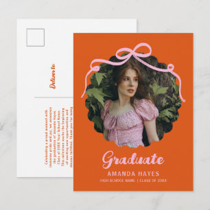 Coquette Bow Wavy Orange & Pink Graduation Photo Announcement Postcard