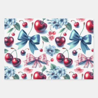 Coquette bows,cherries, flowers, red, pink, blue wrapping paper sheet