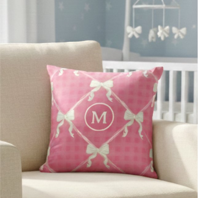 Coquette Bows Gingham Monogram Cream Pink Cushion (Creator Uploaded)