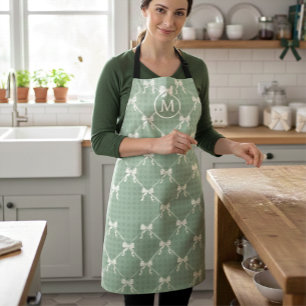 Coquette Bows Gingham Monogram Cream Sage Green Apron