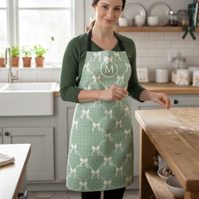 Coquette Bows Gingham Monogram Cream Sage Green  Apron (Creator Uploaded)