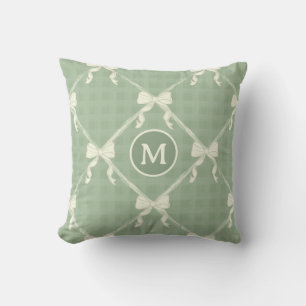 Coquette Bows Gingham Monogram Cream Sage Green Cushion