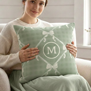 Coquette Bows Gingham Monogram Cream Sage Green Cushion