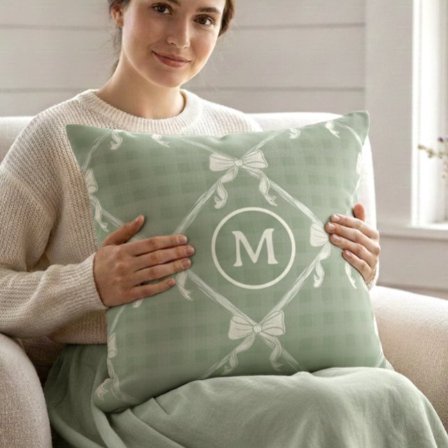 Coquette Bows Gingham Monogram Cream Sage Green  Cushion (Creator Uploaded)