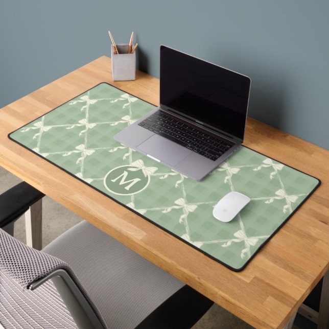 Coquette Bows Gingham Monogram Cream Sage Green  Desk Mat (Office 2)