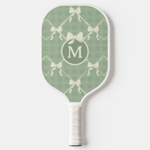 Coquette Bows Gingham Monogram Cream Sage Green Pickleball Paddle