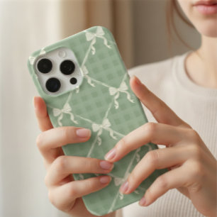 Coquette Bows Gingham Pattern Cream Sage Green iPhone 15 Pro Max Case