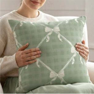 Coquette Bows Gingham Pattern Cream Sage Green Cushion