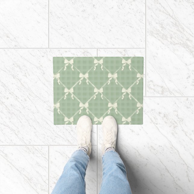 Coquette Bows Gingham Pattern Cream Sage Green  Doormat (Indoor)