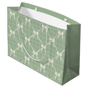 Coquette Bows Gingham Pattern Cream Sage Green Large Gift Bag