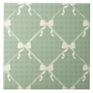 Coquette Bows Gingham Pattern Cream Sage Green Tile