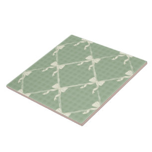 Coquette Bows Gingham Pattern Cream Sage Green Tile