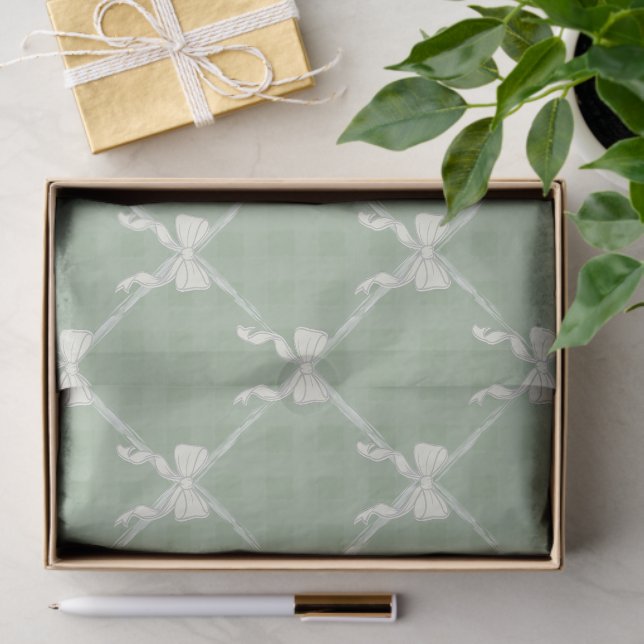Coquette Bows Gingham Pattern Cream Sage Green  Tissue Paper (Gift)