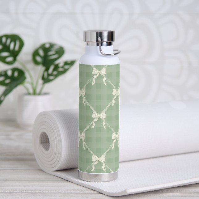 Coquette Bows Gingham Pattern Cream Sage Green  Water Bottle (Yoga)