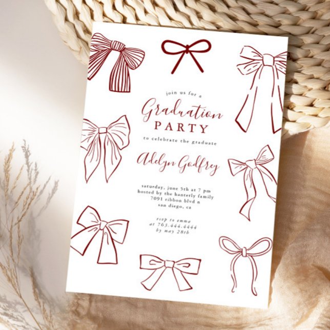 Coquette Bows Maroon Graduation Party Invitation (Creator Uploaded)