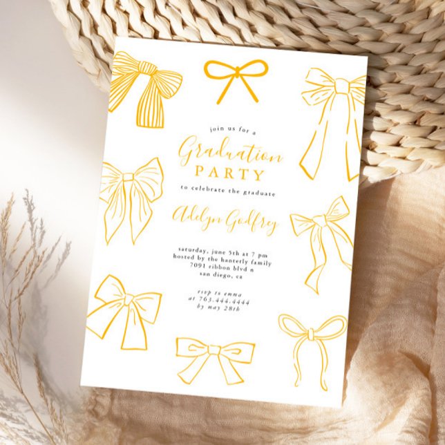 Coquette Bows Yellow Graduation Party Invitation (Creator Uploaded)