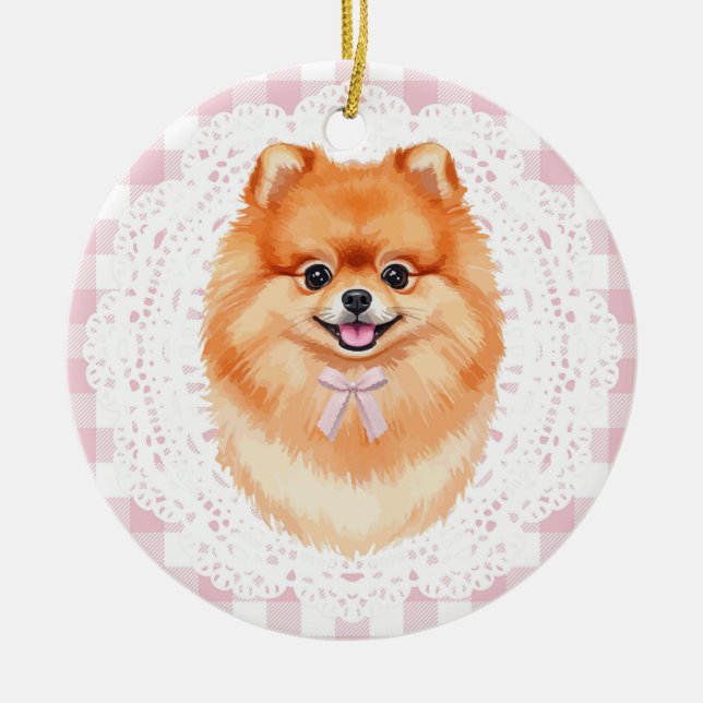 Coquette Brown Pomeranian Dog Pink Gingham Bows Ceramic Tree Decoration (Front)