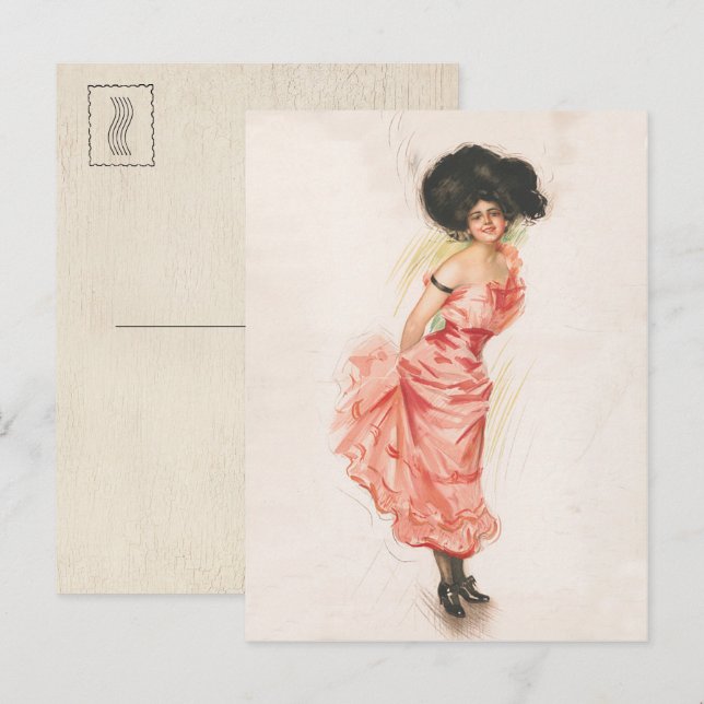 Coquette Brunette Woman in Pink Silk Dress Postcard (Front/Back)